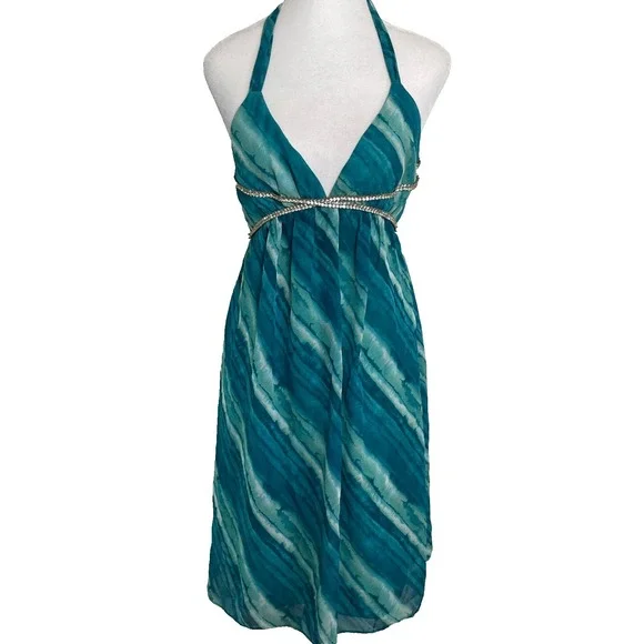 VTG Y2K ABS Allen Schwartz Dress Size 2 Blue Watercolor Rhinestone Mermaid Fairy - Picture 1 of 11